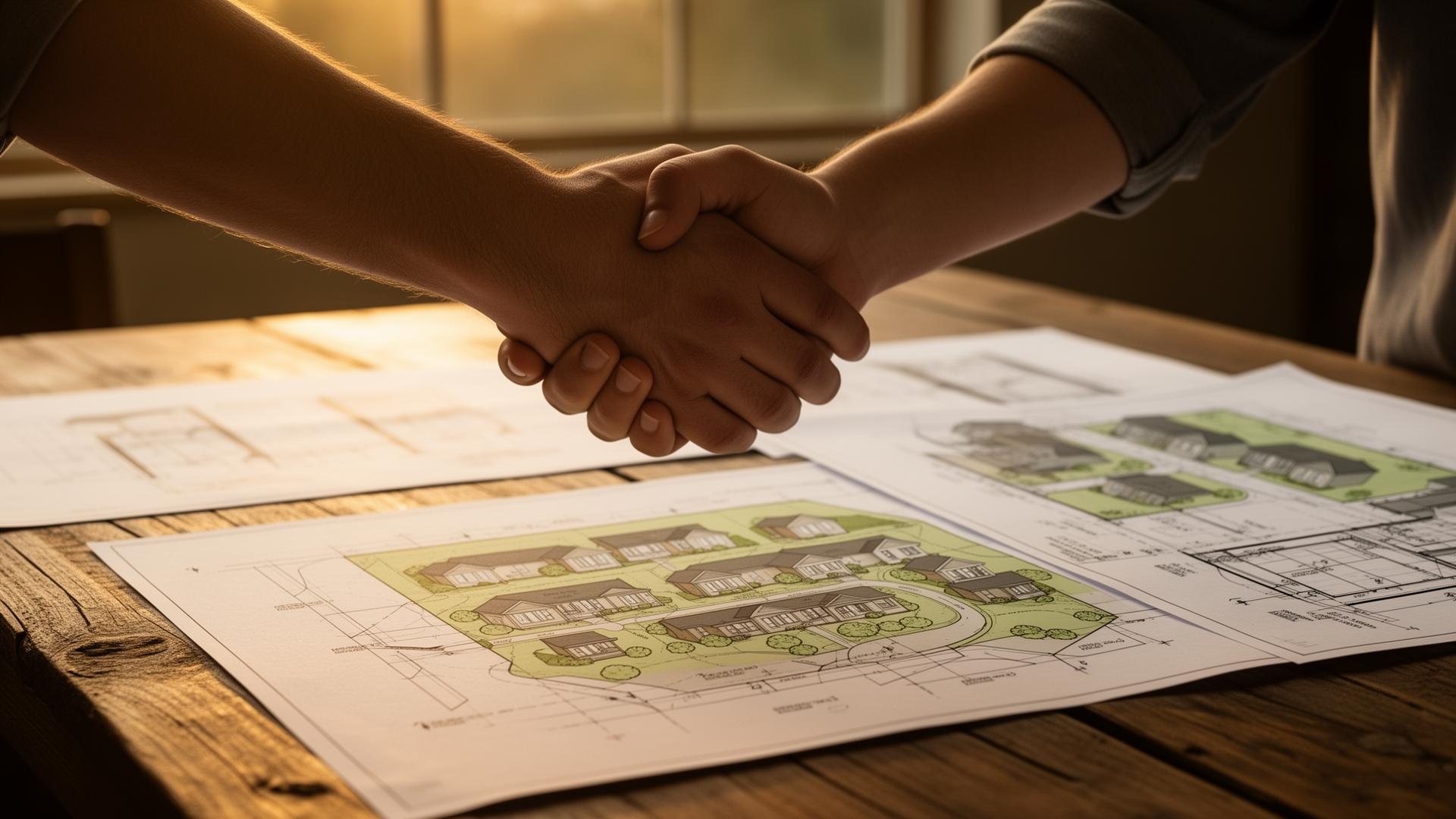 A handshake over architectural blueprints of a cottage community