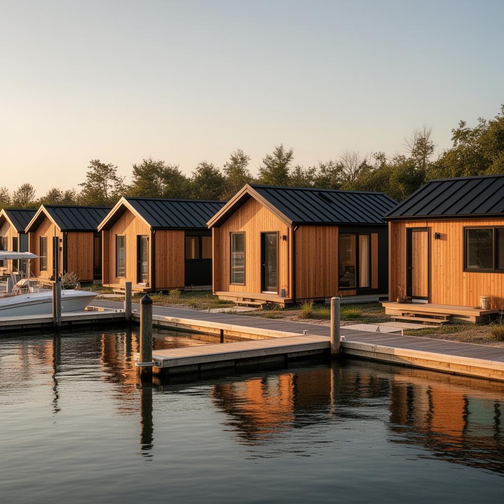 Cluster of small ADU cottages along a marina dock at golden hour