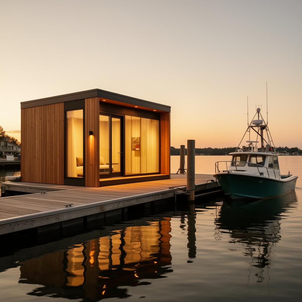 A single modern hospitality cabin pod on a waterfront dock
