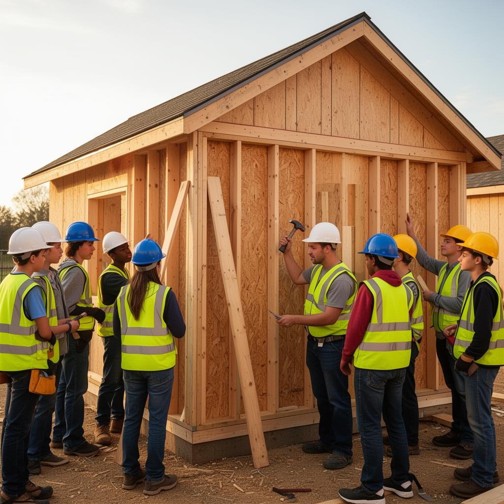 Teenagers learning carpentry on a cottage build site