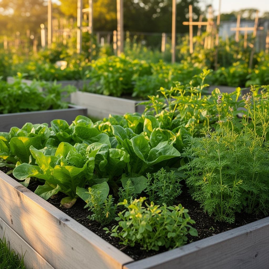 Raised-bed community garden with greens and herbs