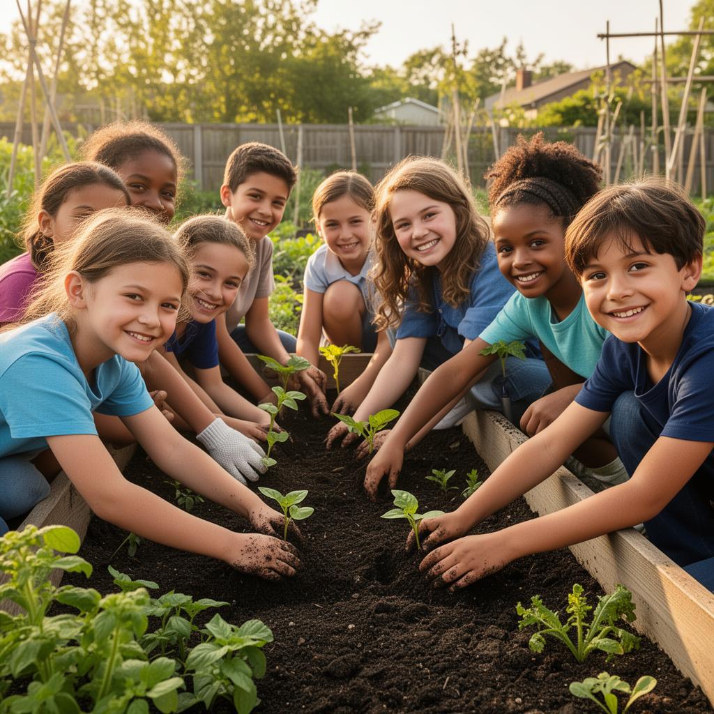Children planting seedlings in a community garden