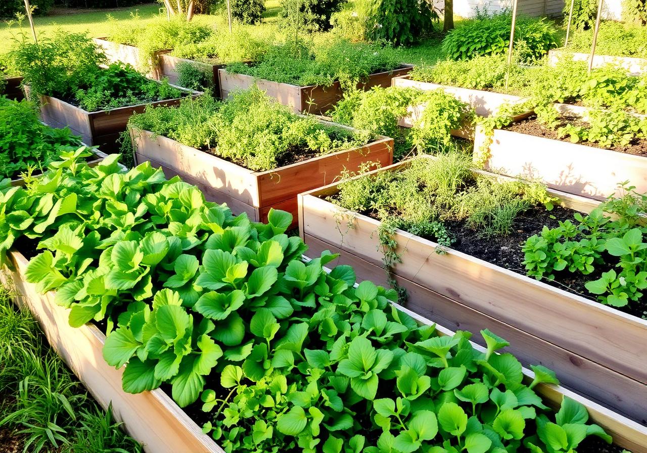 Community garden with raised beds of leafy greens