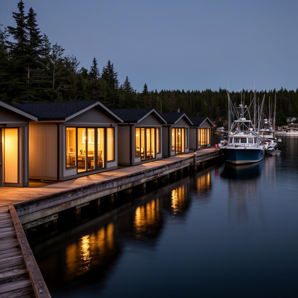 Boutique eco-cabin pods in an oak landscape at dusk