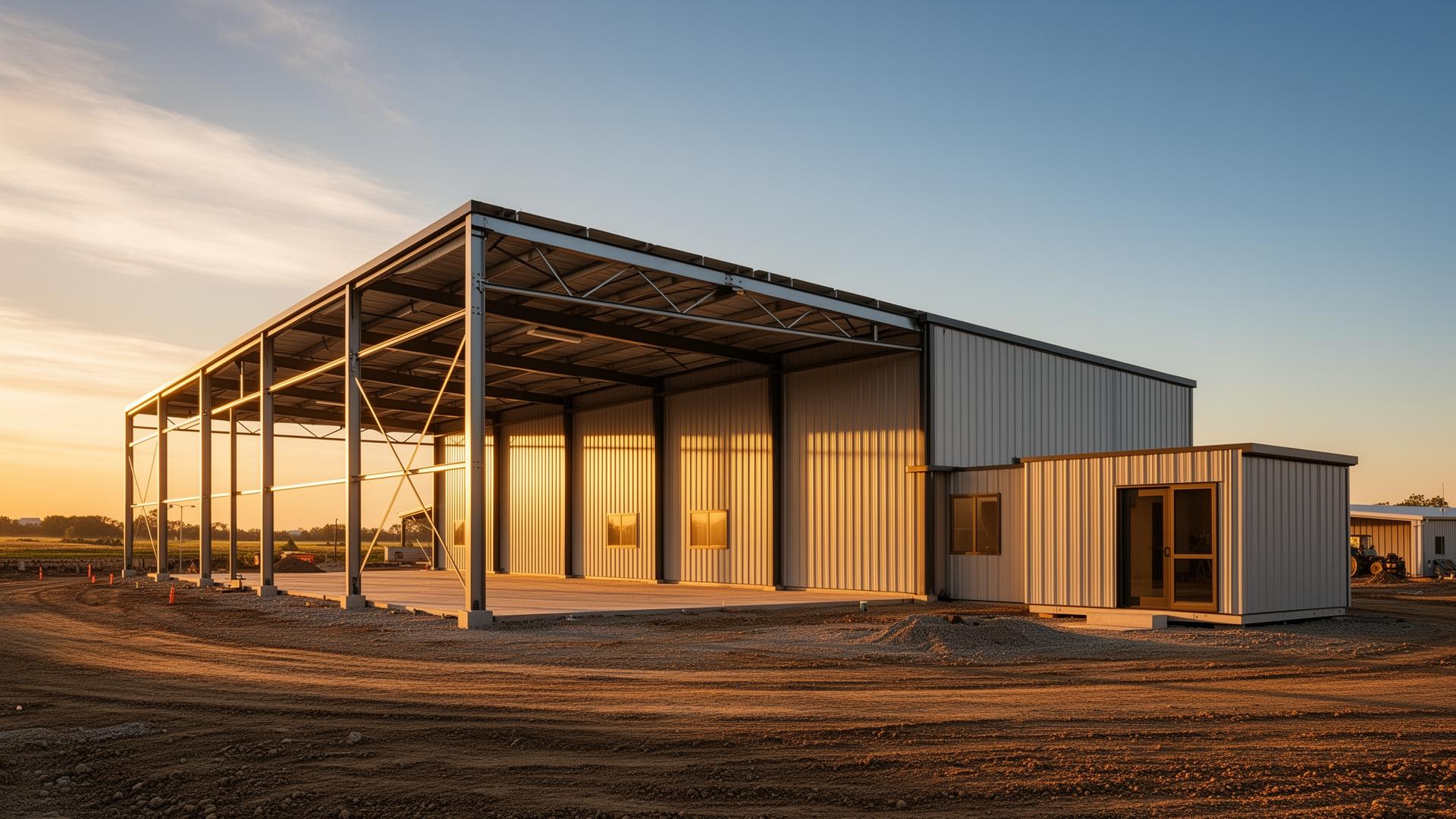 Steel-framed prefab building under construction at golden hour with a finished compact unit alongside