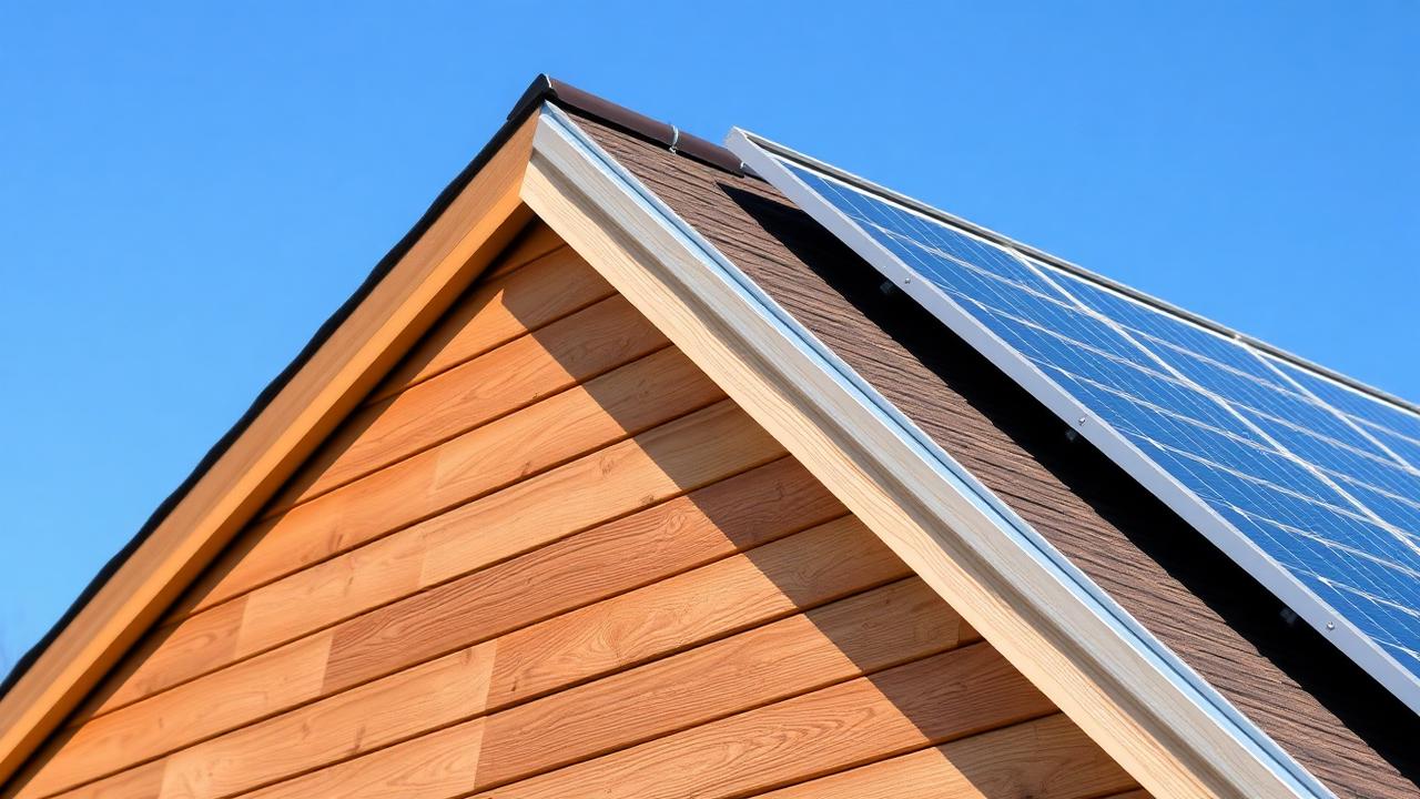 Close-up of cottage wood cladding and a rooftop solar panel against blue sky