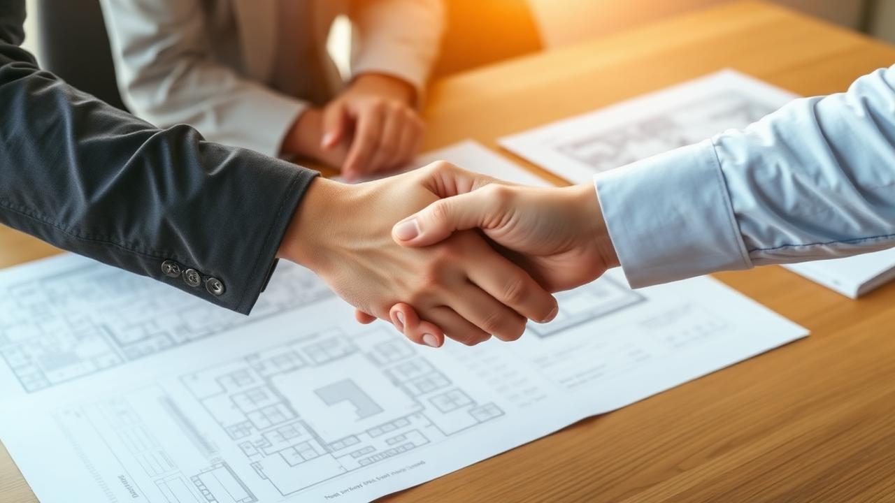 Two people shaking hands over site plans on a wooden table