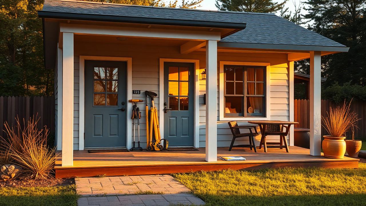 A finished cottage with tools staged on the porch at golden hour