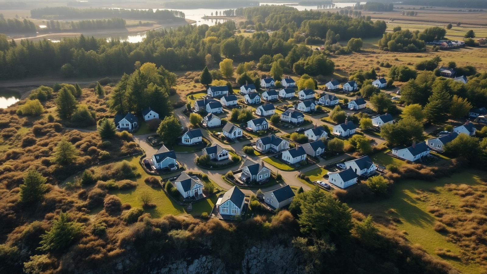Aerial view of a small cottage community in a natural landscape