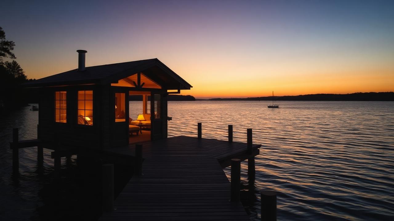 Boutique lodge cabin on a dock at sunset
