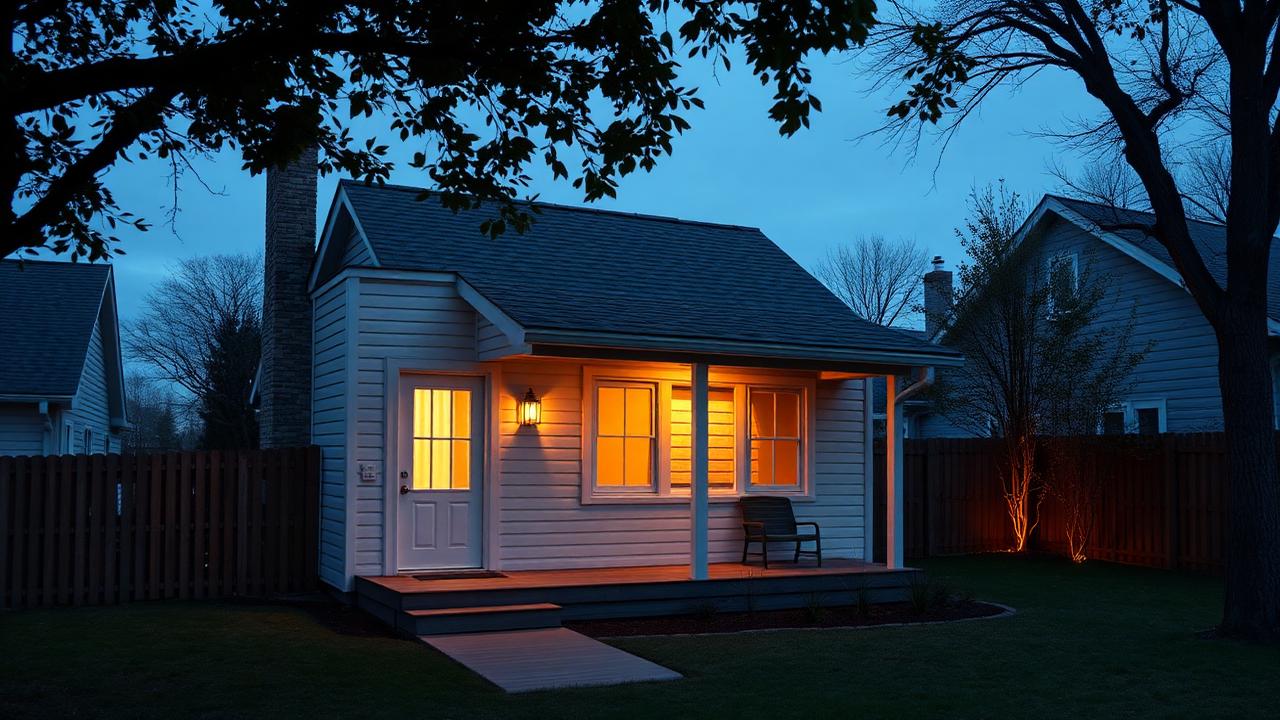 Warm, dignified cottage with lit porch at dusk