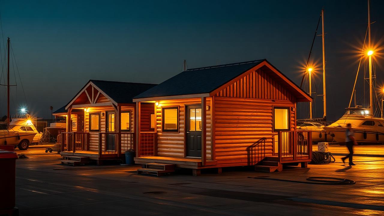 Cluster of modern workforce cottages at golden hour